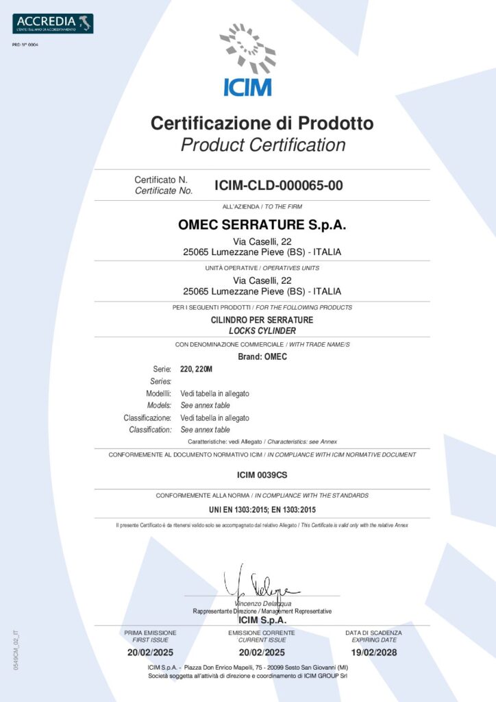 Certificazione di prodotto CILINDRO serie 220-220M
