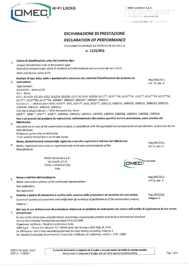 Dichiarazione di Prestazione (DoP) ANTIPANICO serie 6210