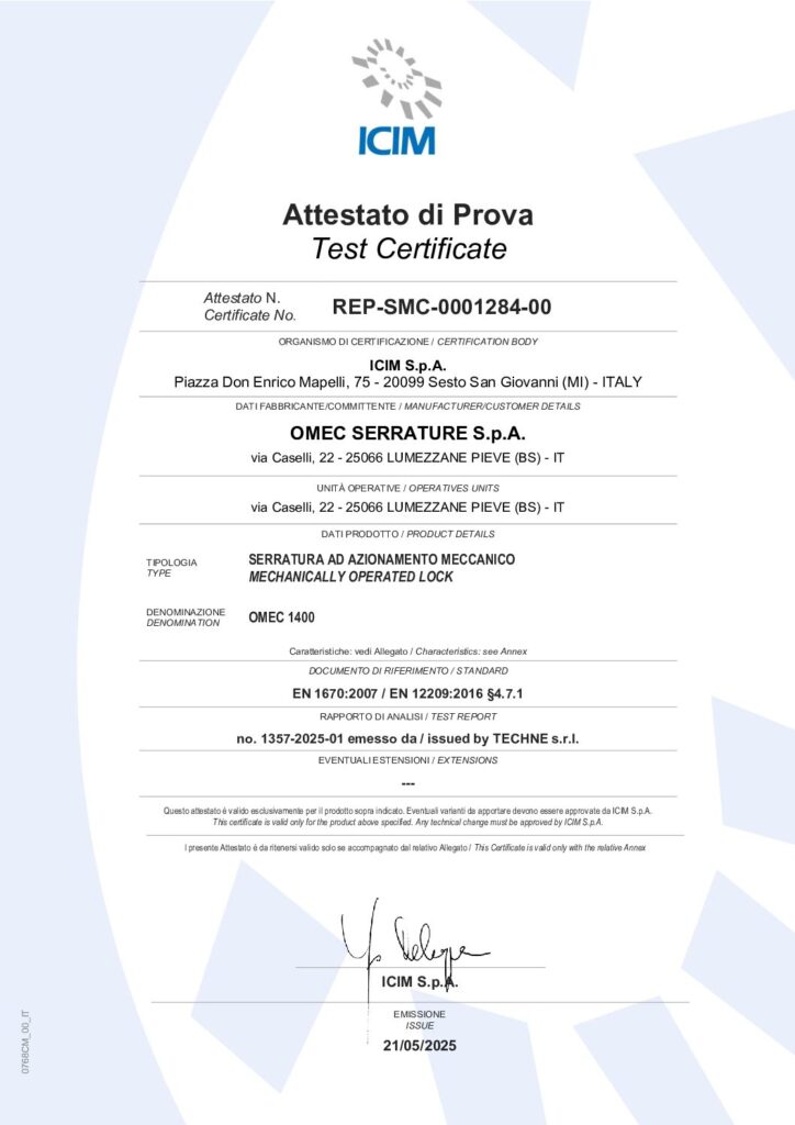 Certificazione resistenza alla corrosione serrature Omec serie 1400